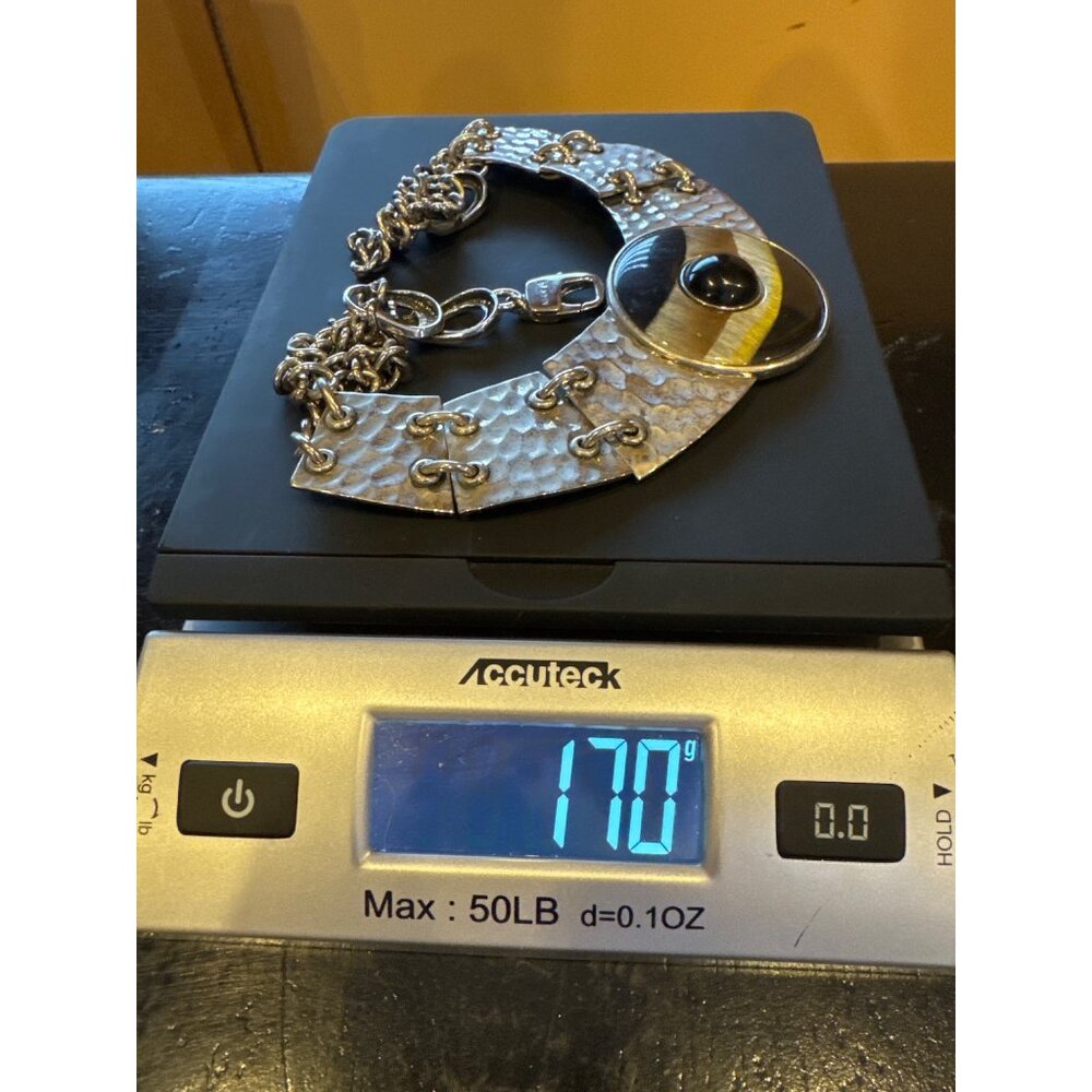St. John Necklace Hammered Silver-Tone Chain Statement Collar Modernist Bib - Picture 8 of 10